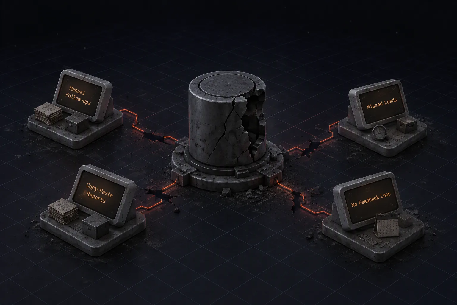 An isometric scene of greyed-out workstation pods with dead screens reading 'Manual Follow-ups', 'Copy-Paste Reports', 'Missed Leads' and 'No Feedback Loop'.