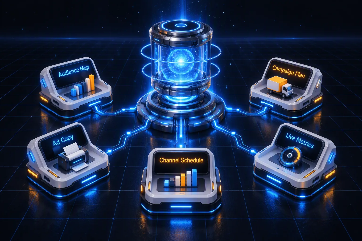 An isometric scene of five lit workstation pods around a glowing blue engine core. Their screens read 'Audience Map', 'Campaign Plan', 'Ad Copy', 'Channel Schedule' and 'Live Metrics'.