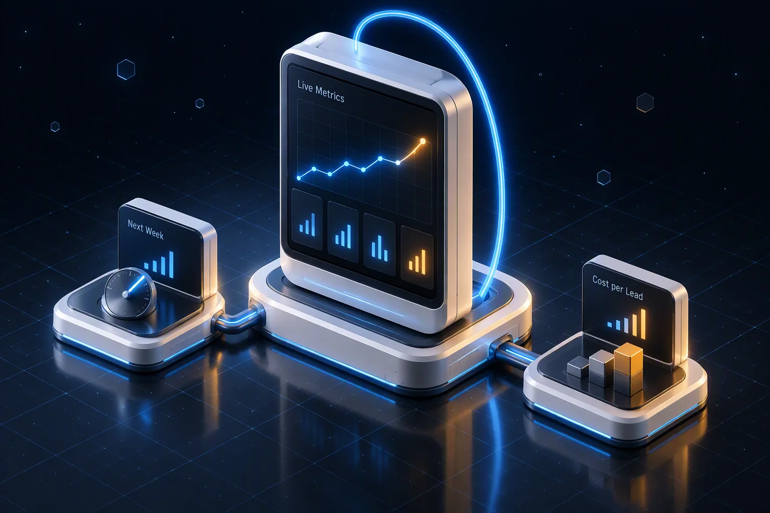 An isometric scene of a tall dashboard monolith with a line chart and four bar tiles, flanked by two smaller pods labelled 'Next Week' and 'Cost per Lead', with a glowing blue arc looping from the top of the monolith back into its base.